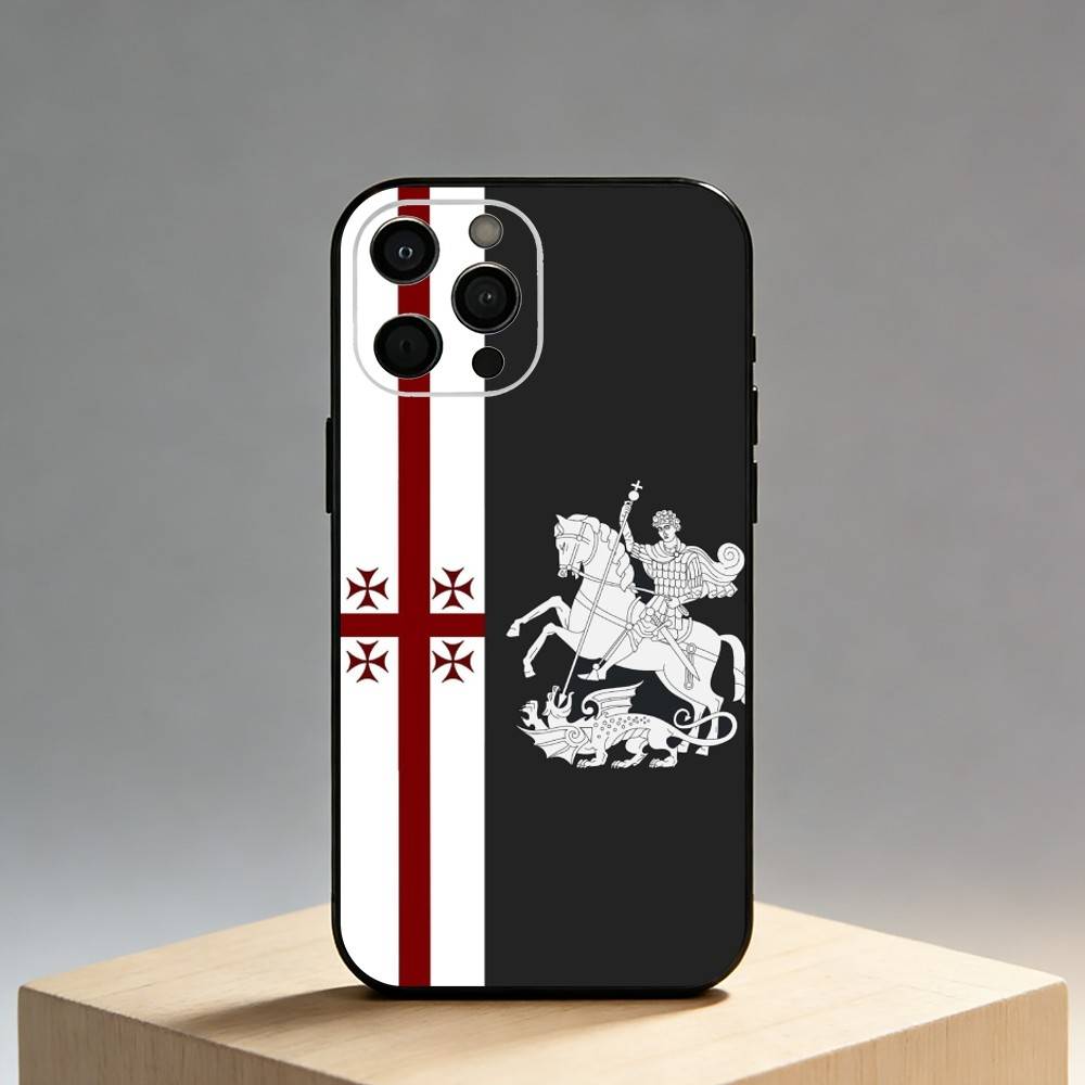 Custodia per Telefono Bandiera della Georgia Per iPhone17,16,15,14,13,12 Plus,Max Copertura Nera in Morbido Silicone
