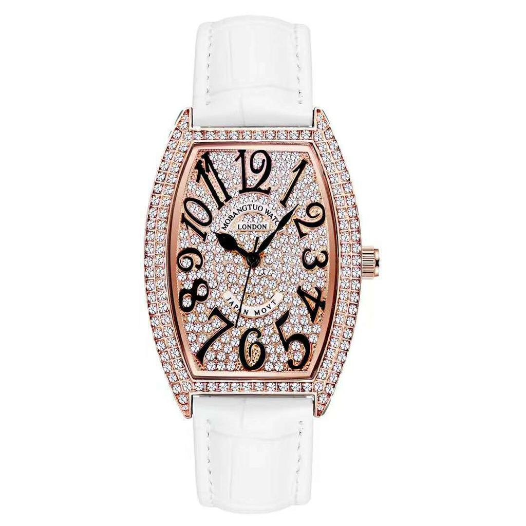 Voll Diamant Digitales Zifferblatt Mode Damen Armbanduhr Weinfass Lederarmband Studenten Trend Uhr