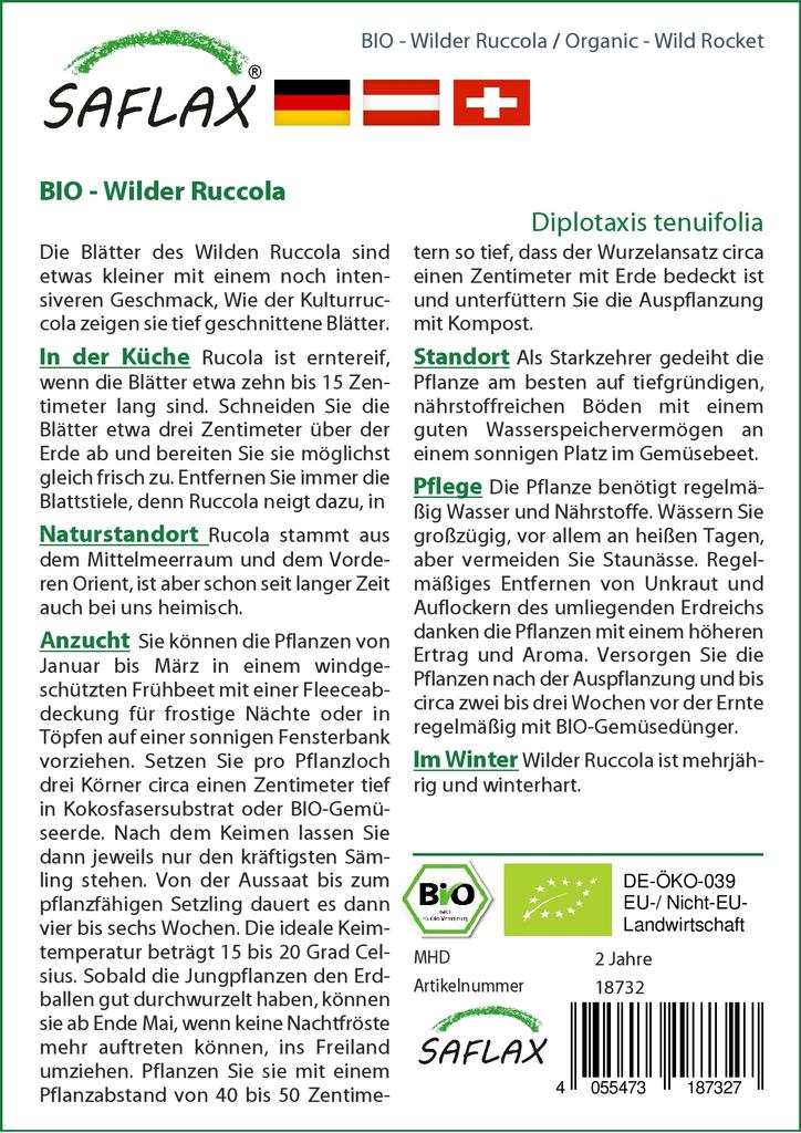 SAFLAX Garden In the Bag - Organic - Wild Rocket - 1500 Seeds - With Substrate In a Fitting Stand Up Bag - Diplotaxis Tenuifolia