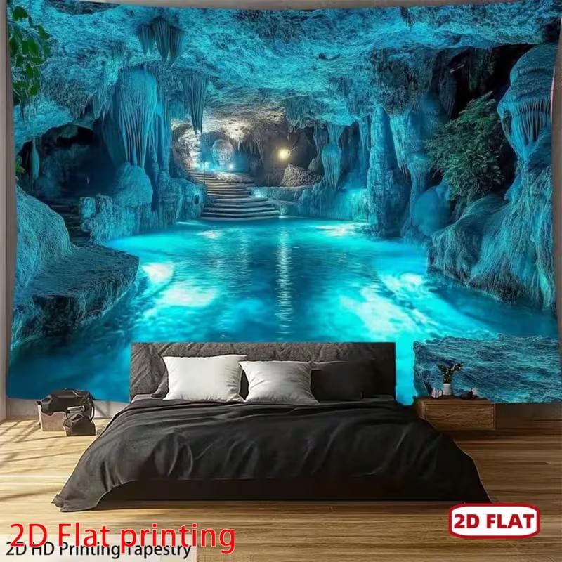 2D Fantasy Crystal Cave Tapestry, Mystical Lake Scenery for Bedroom