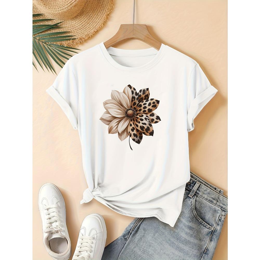New Women's Retro Floral and Leopard Print Round Neck Short Sleeved T-shirt Casual and Holiday Wear Urban Style Printed T-Shirt