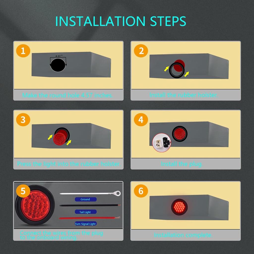 4 Inch Round Trailer Tail Light For 12V Truck Trailer Bus RV Camper ATV UTV 24LED Back Up Reverse Light Waterproof W/Flush Mount Grommets Plugs