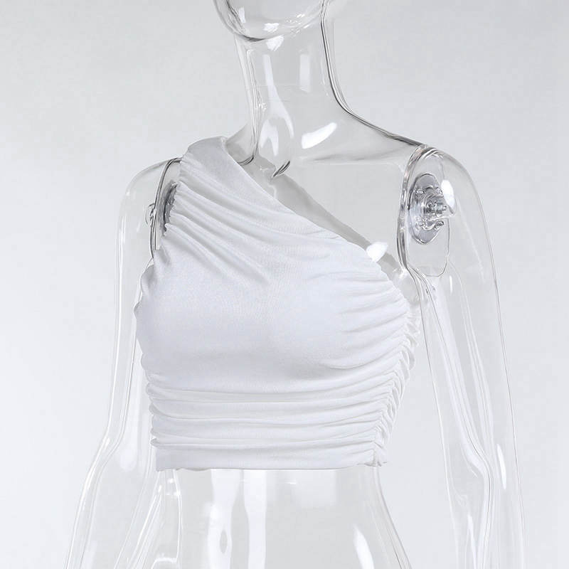 Summer Soild Color Slim One Shoulder Crop Top Pleated Vest Short Shirring Ladies Short Tank Top