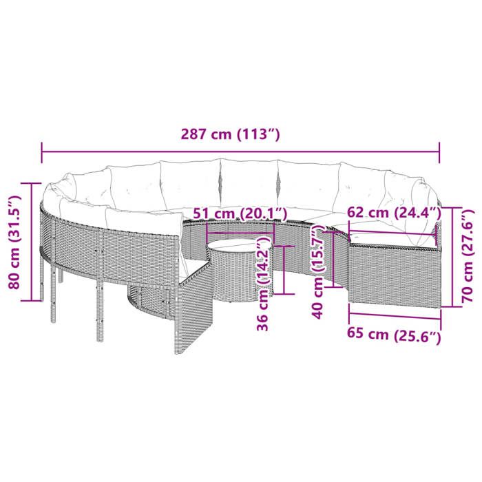 VidaXL Canapé de jardin avec table coussins rond beige résine tressée, canapé d’extérieur, canapé de forme ronde, canapé de 3318546