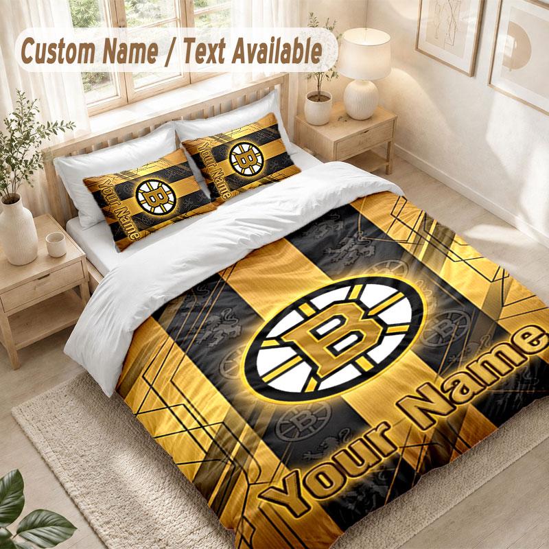 Set Biancheria da Letto Personalizzato 3 PezziStampa Boston Bruins Copripiumino + 2 Federe Morbido Arredo Letto