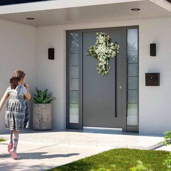 Girlande Osterkranz für Haustür Glaubensinspirierte Frühlingsdekoration mit Realistischem Grün und Weißen Blumen Religiöse Innen-Veranda-Dekoration Geschenk