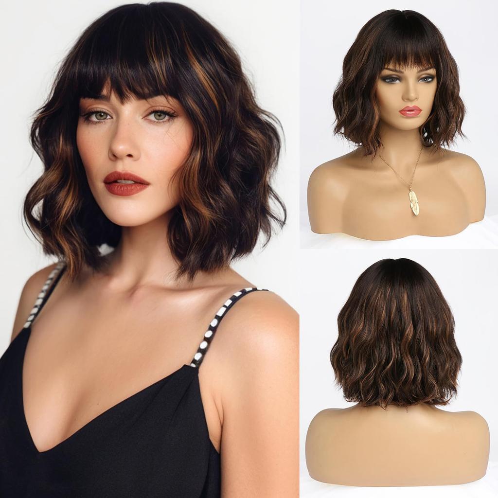 Synthetic Golden Brown Black Hair with Bangs Bob Short Curly Wavy Wig Women Heat Resistant Fiber Hair for Women Girls