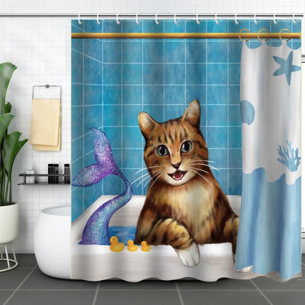Funny Cats Shower Curtain Cats Riding Boat Cool Cute Cats Dogs Flowers Summer Bathroom Decoration Polyester Bath Curtains