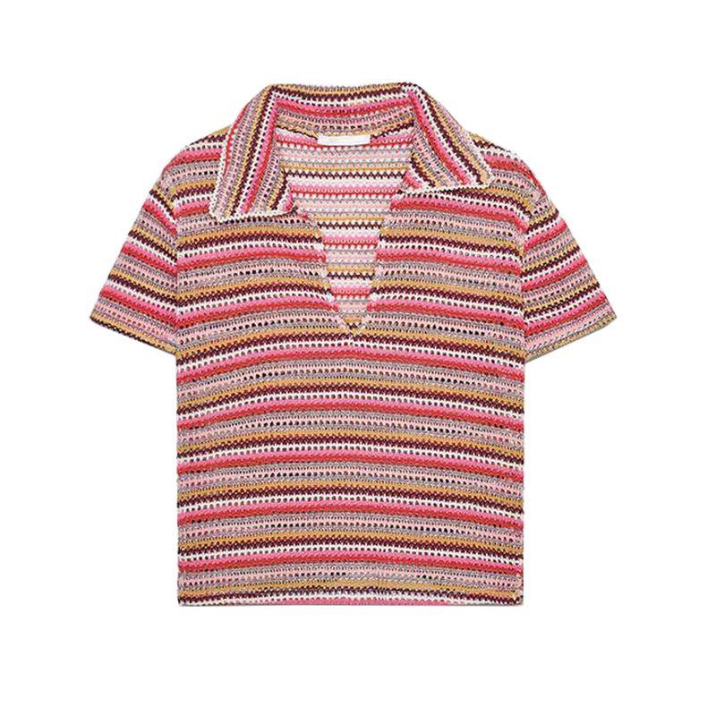 Crochet Minimalist Comfortable Short Sleeve Polo Shirt 1131809 Stripes Girly Style Casual Shorts 1131810