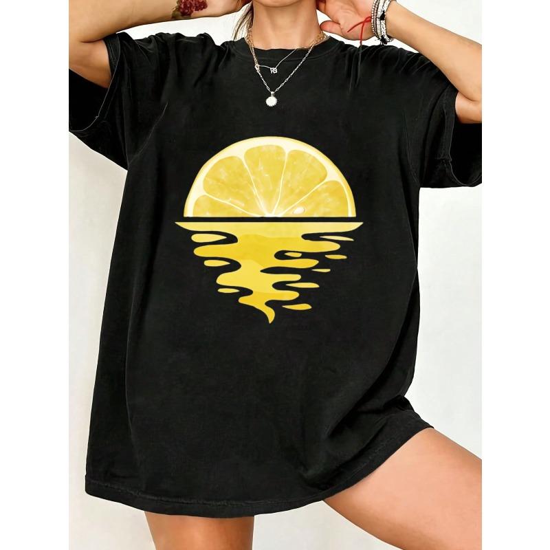 Black Oversized T Shirt Lemon Slice Water Reflection Print Summer Casual Wear