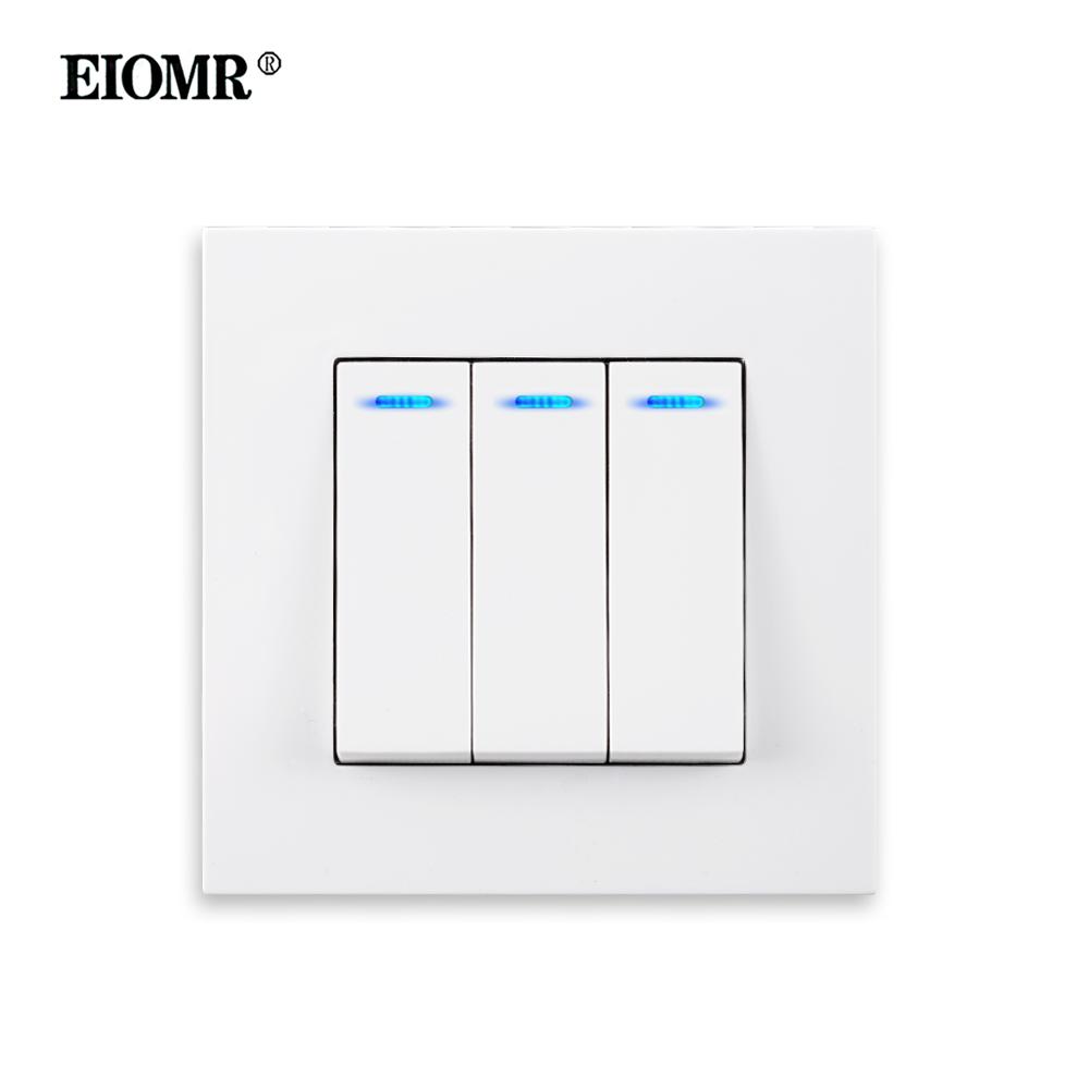 EIOMR Стандартный настенный выключатель света EU/UK 86*86 мм 3 клавиши 1-клавишный/2-клавишный со светодиодным индикатором для бытовой электросети Встраиваемый выключатель 3 Gang 1 Way