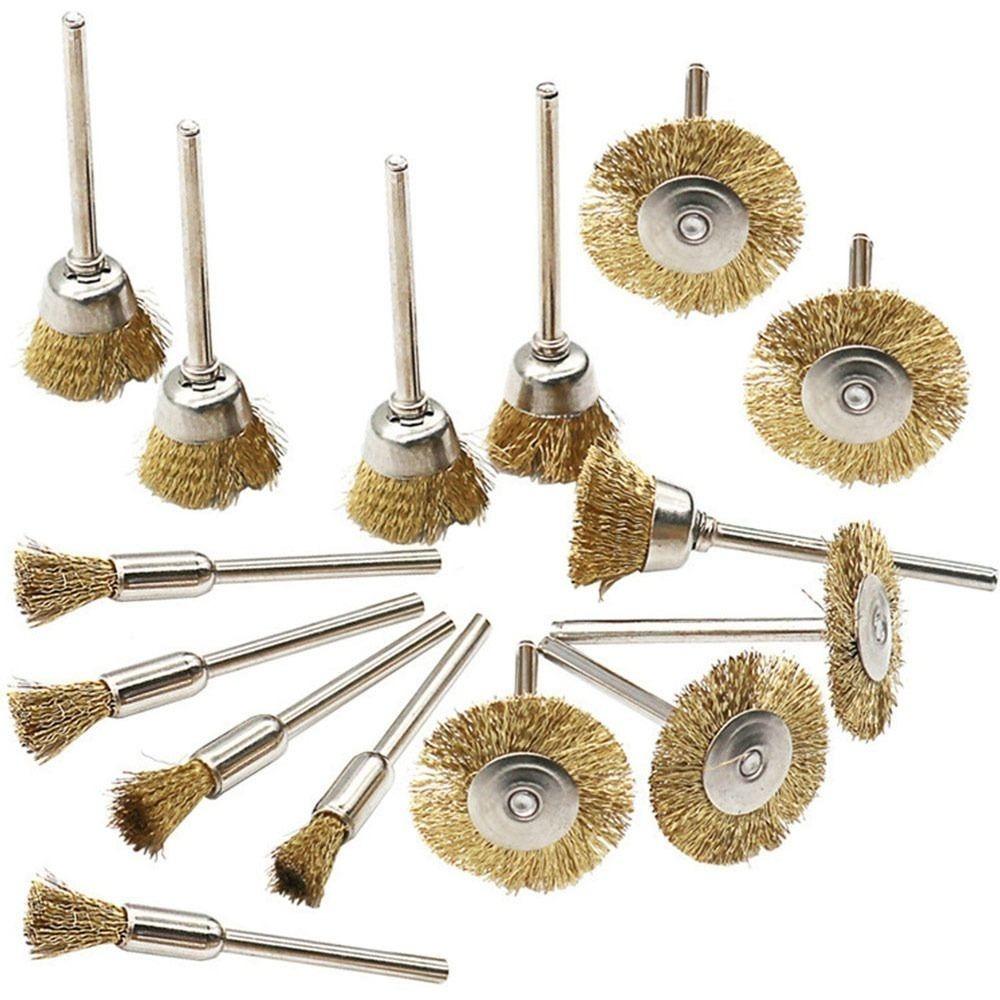 15Pcs/set Mini Grinding Accessories Wire Wheel Brushes T-shaped Brush Grinder Rotary Polishing Tools