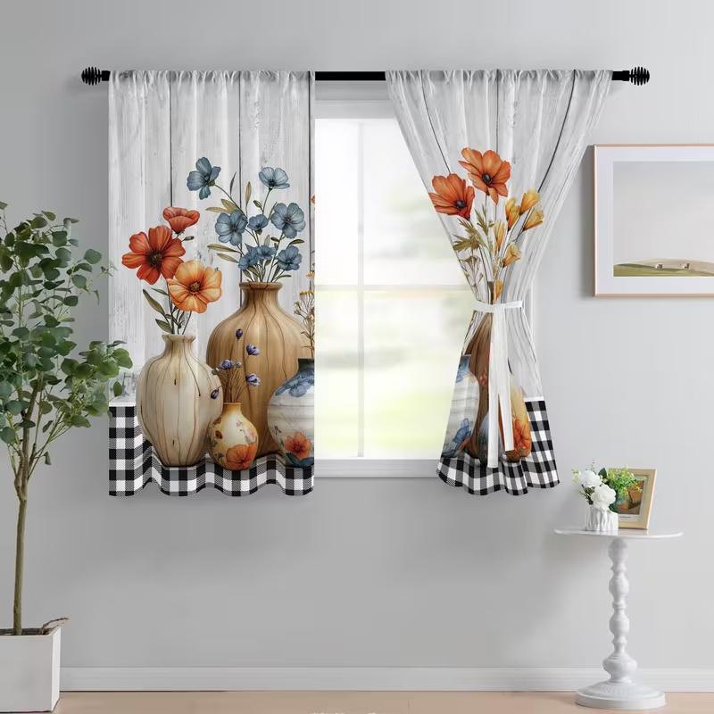 Set Of 2 Retro Vase Print Curtains Suitable Bedroom Living Room Kitchen Decoration Home Window Curtain Polyester Ideal For Area