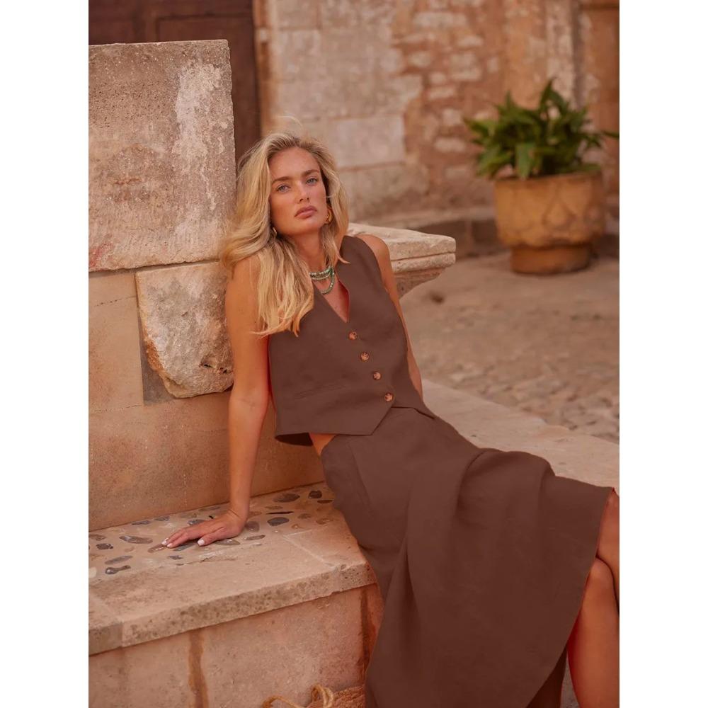 Summer, French vacation cotton and linen casual suit sleeveless vest top skirt S коричневый