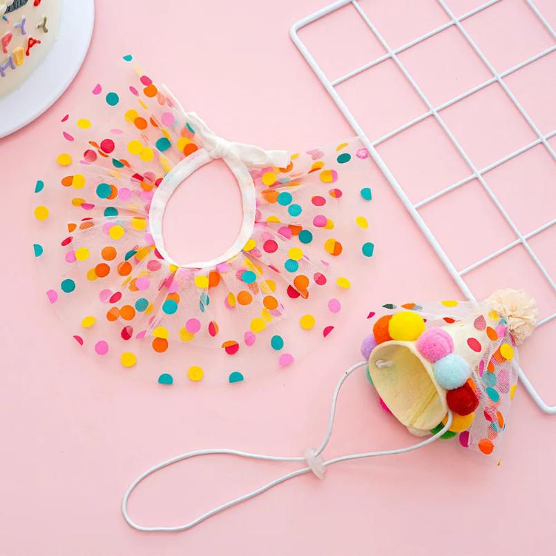 Pet Dog Birthday Party Dog Hat Candy Color Dot Lace Cat Bib Suit Cute Small Medium Dogs Costume Cap Pet Products Accessories
