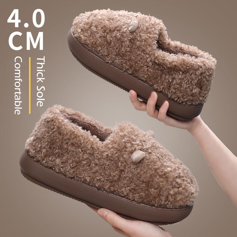 New Winter Slippers for Women Men Indoor Furry Warm Home Shoes Soft EVA Thick Sole Plush Women Couples Cute Platform Slides