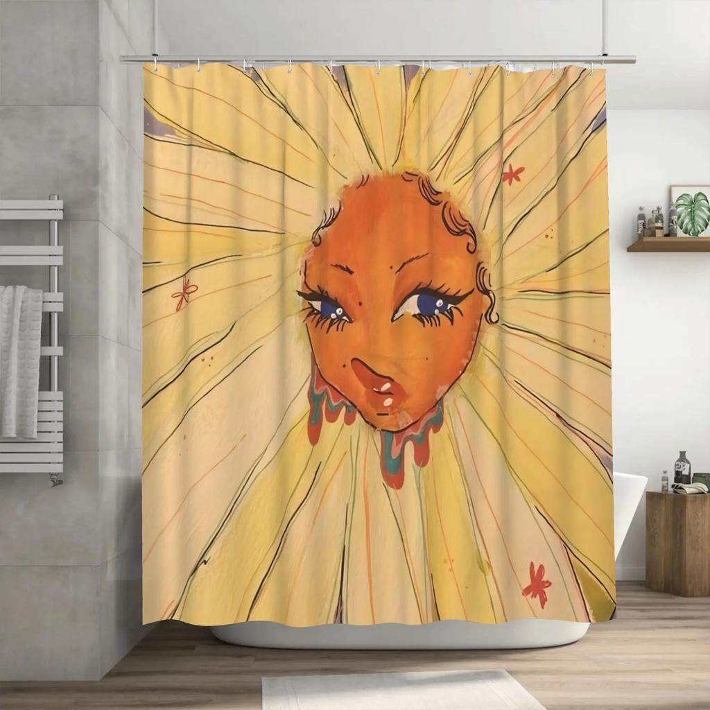 Artistic Sun Face Shower Curtain for a Unique Bathroom, Featuring a Whimsical Illustration with Warm Colors. This Creative