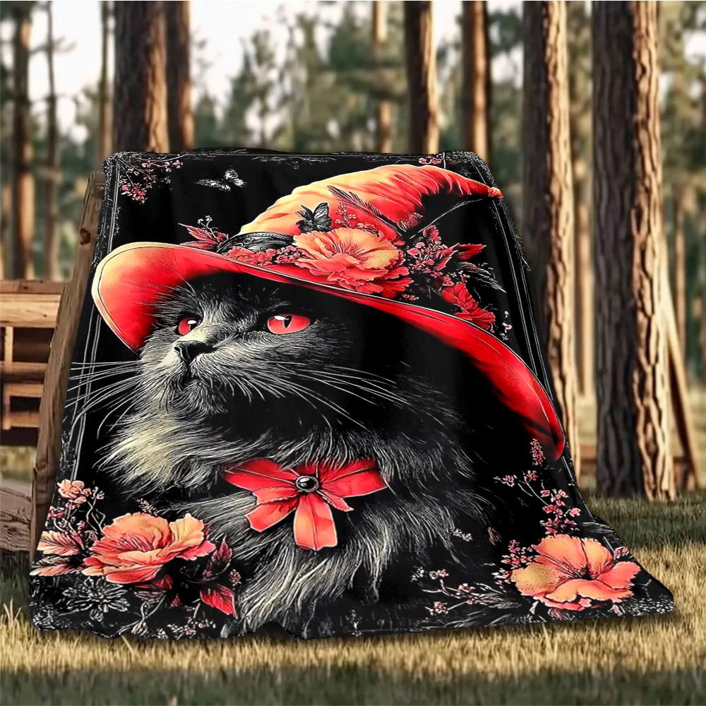 1pc Floral Hat Cat Print Outdoor Blanket, Lightweight Polyester,