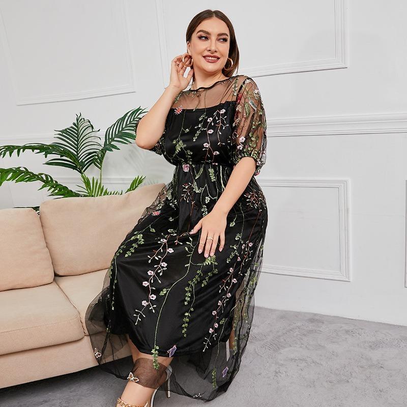 Floral Tulle Plus Size Dresses for Women Round Necked Lace Appliques Dress Summer Mesh Sheer Bling Floral Pleated Dress Commuter Fashion Dresses
