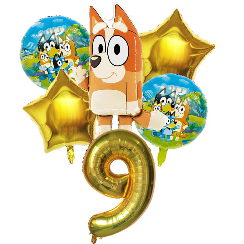 6 Stück Familie Bluey Aluminiumballon Cartoon Bingo Aktivität Spielzeug Blau Gold Stern Ballon Dekoration Sammlung Geburtsdatum Feier Babyparty Zubehör