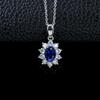 S925 Sterling Silver Women's Sunflower Pendant Necklace with Oval Blue Sapphire and Diamond Accents, Classic Diana Style.