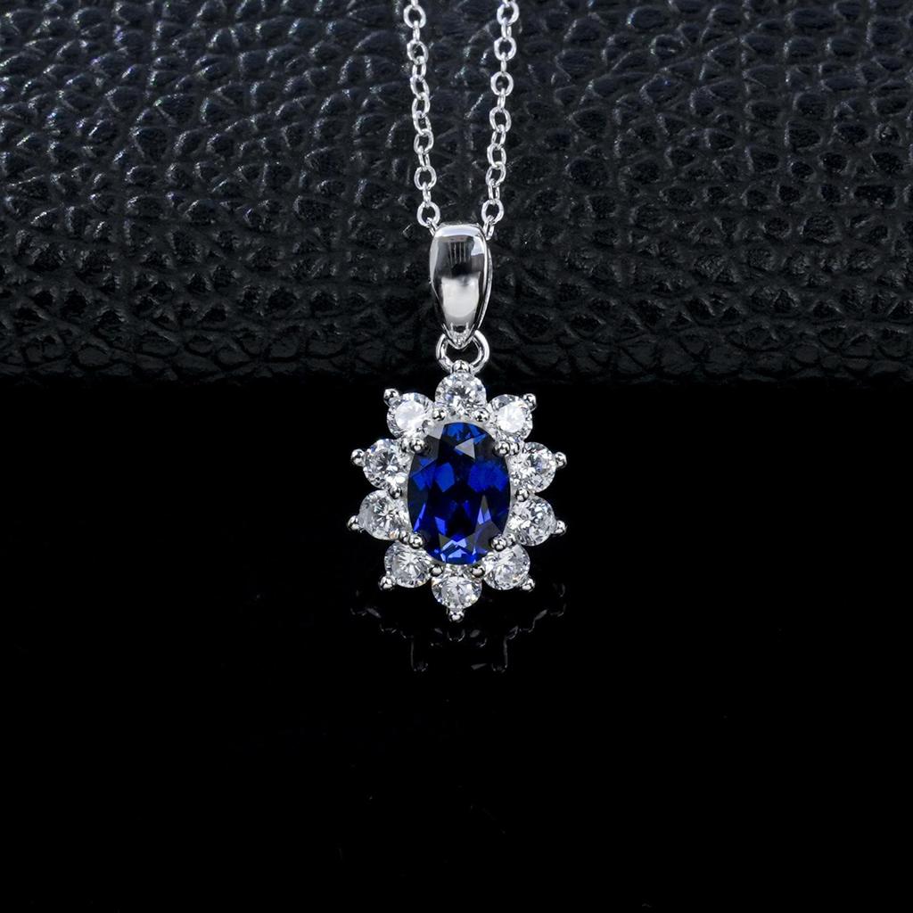 S925 Sterling Silver Women's Sunflower Pendant Necklace with Oval Blue Sapphire and Diamond Accents, Classic Diana Style.