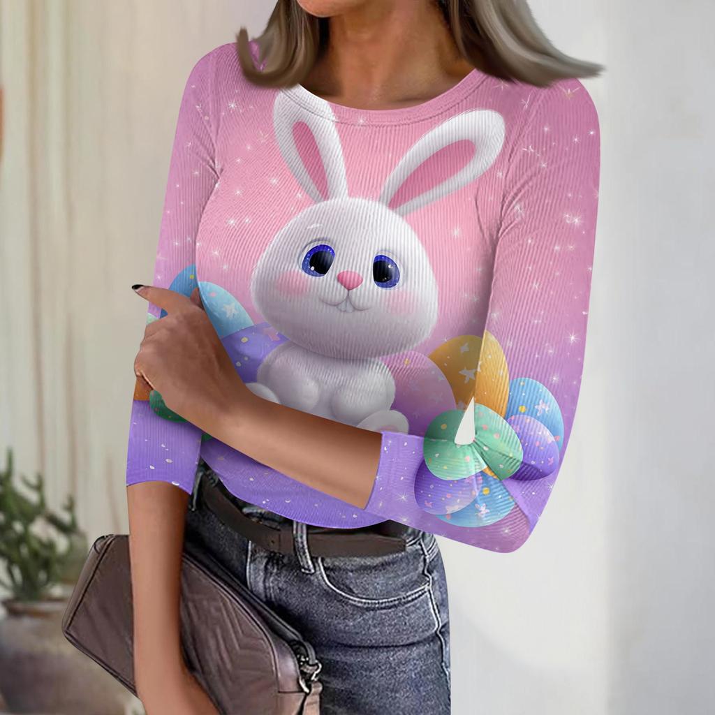 Women's Casual Fashion Round Neck Easter Print Three-Quarter Sleeve Ribbed Top