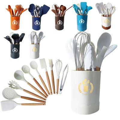 Wooden Handle Silicone Cookware 11-piece Spatula Spoon Non-stick Pan High Temperature Resistant Home Kitchen Tools Set Triangle Bucket