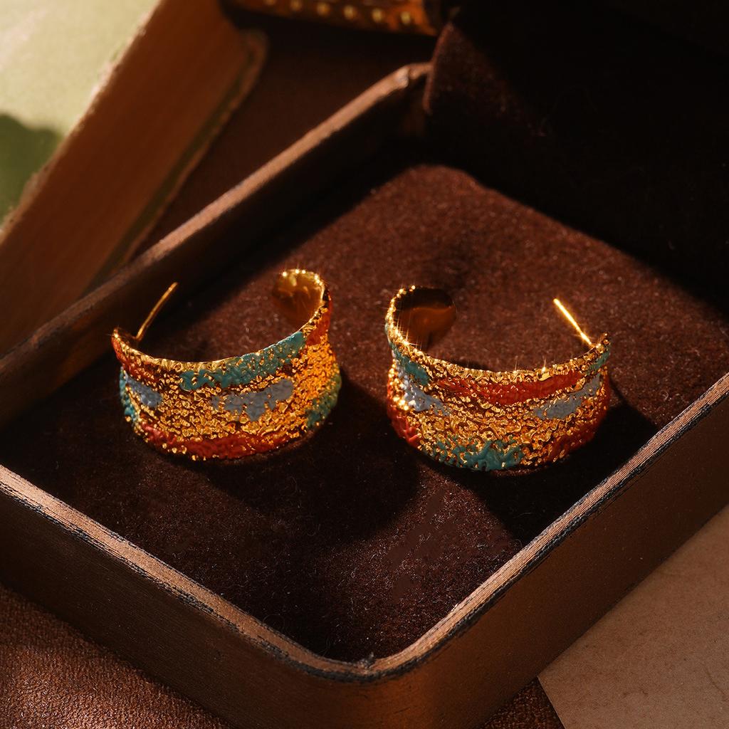 Medieval Painted Series Enamel Earrings Women's Simple Geometric Earrings Pendant ins Wind Folded Retro Silver Needle Jewelry