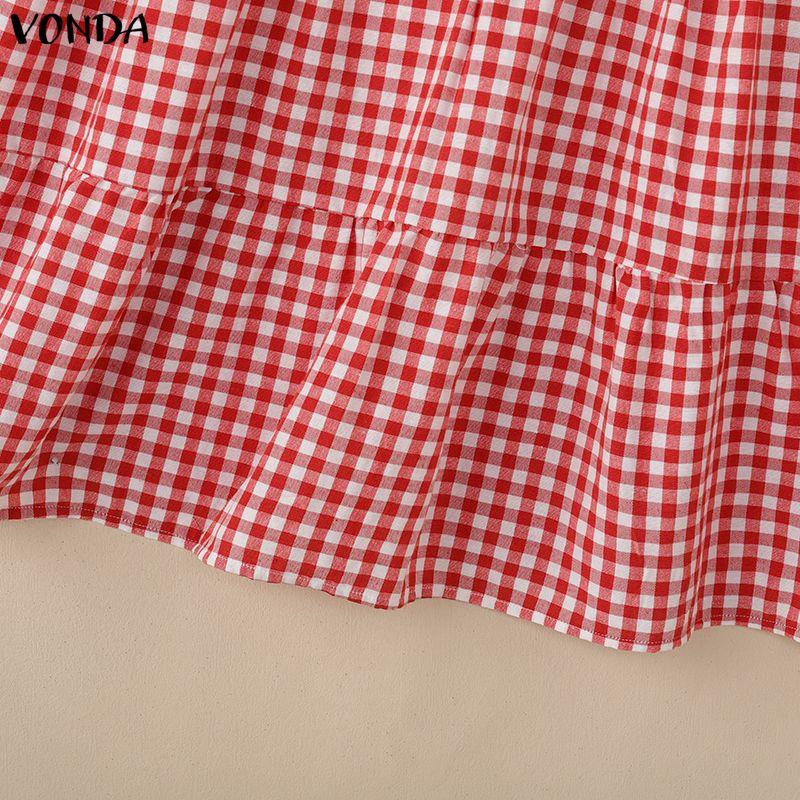 VONDA Women V Neck Puff Sleeve Plaid Print Ruffled Casual Loose Tunic Dress