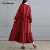 Korean Style Plus Size Spring Autumn Women Midi Dress O Neck Red Green Brown Burgundy Oversized Dress Lace Up Embroidery Cotton Dress