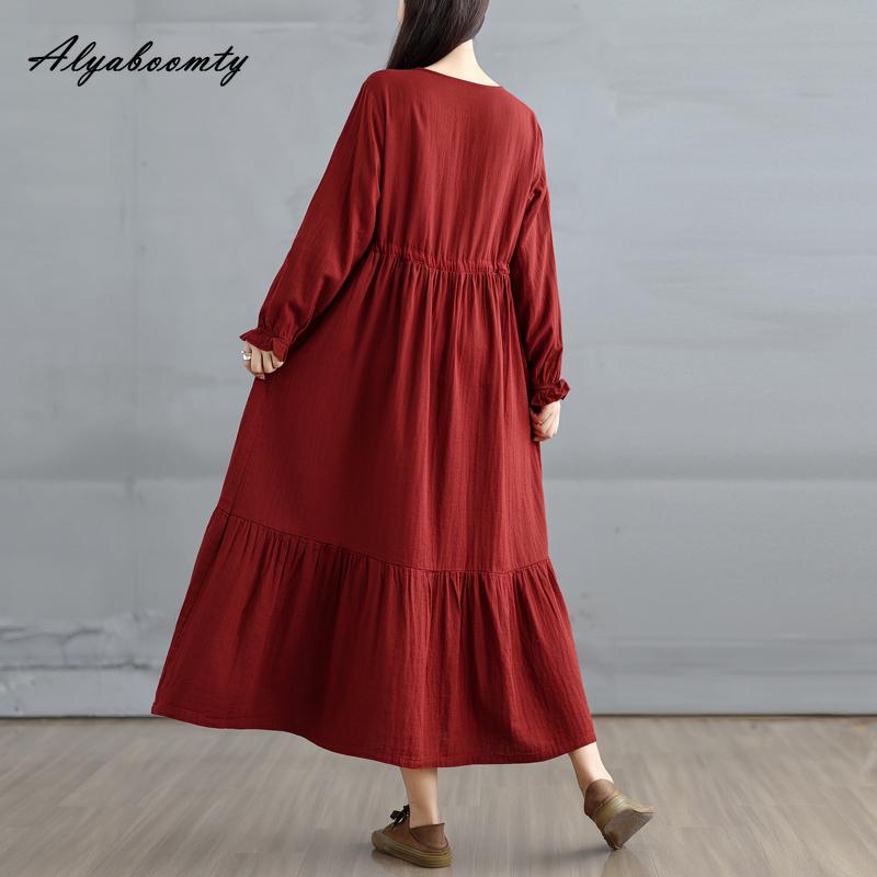 Korean Style Plus Size Spring Autumn Women Midi Dress O Neck Red Green Brown Burgundy Oversized Dress Lace Up Embroidery Cotton Dress