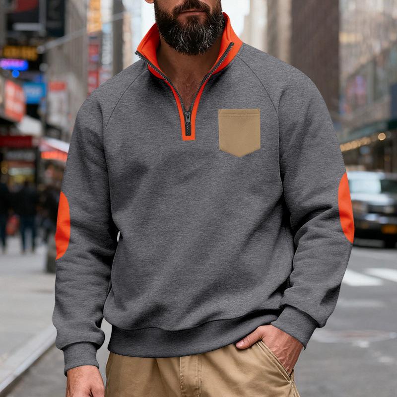 Fashionable American Winter Men's Loose Velvet Stand-up Collar Contrast Patch and Pocket Zipper Sweatshirt