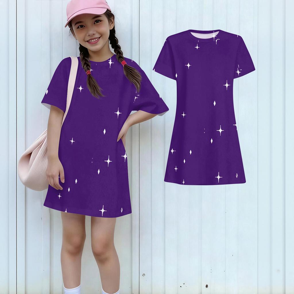 Girls Print Casual Dress Kids Loose Round Neck Short Sleeve Thin Sundress