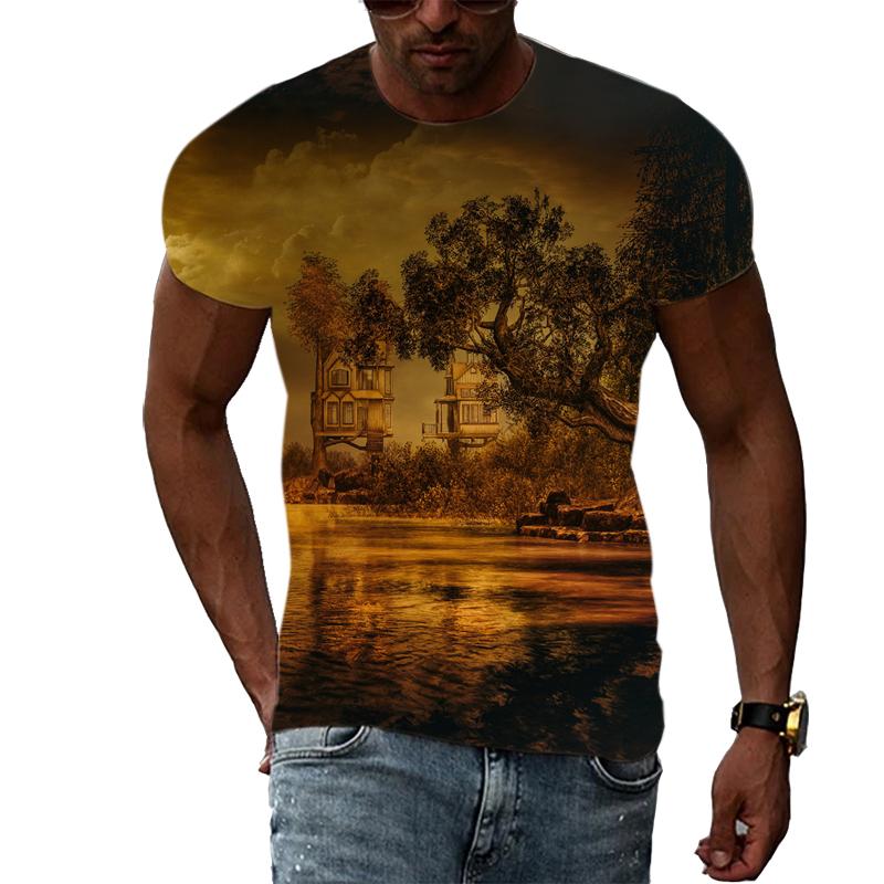 Summer Landscape Pattern T-shirts Casual Personality Hip-hop Trend Round Neck Tees Fashion Men's Street Cool Short-sleeve Top