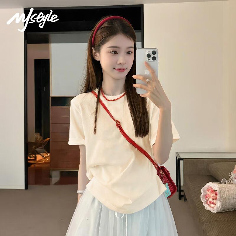 MJ STYLE Pure Cotton T-Shirt for Women, 2026 New Trendy Simple Solid Color High-End Stylish Inner Wear Casual Round Neck Short-Sleeve Top