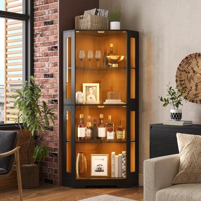 165 Cm Tall Display Cabinet with LED, 4-tier Safety Glass Corner Cabinet, Wine Cabinet for Figurines, Collectibles and Wine, for Kitchen & Dining Room