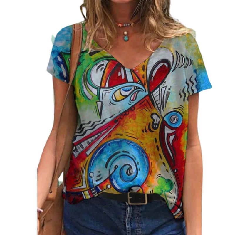 Fashion Spring  Star Print Blouses Short Sleeved V-Neck T Shirts Casual