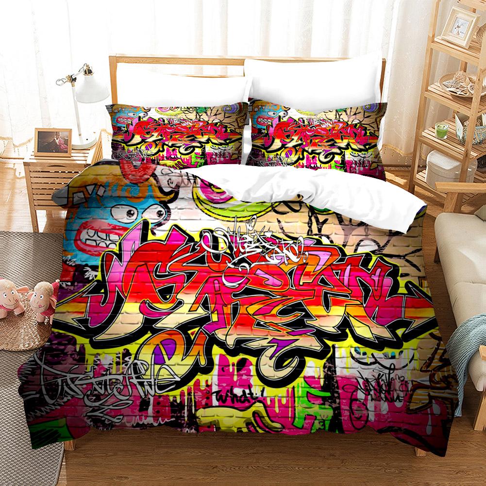 Cartoon Style Hip-hop Doodle 3D Printed Duvet Style Pillowcase Bedding Set Teenager Bedroom Decor Bed Set