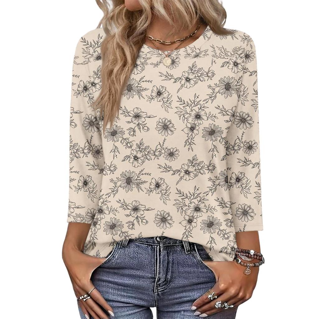 343/4 Sleeve Shirts For Women Cute Print Graphic Tees Blouses Casual Plus Size Basic Tops Pullover