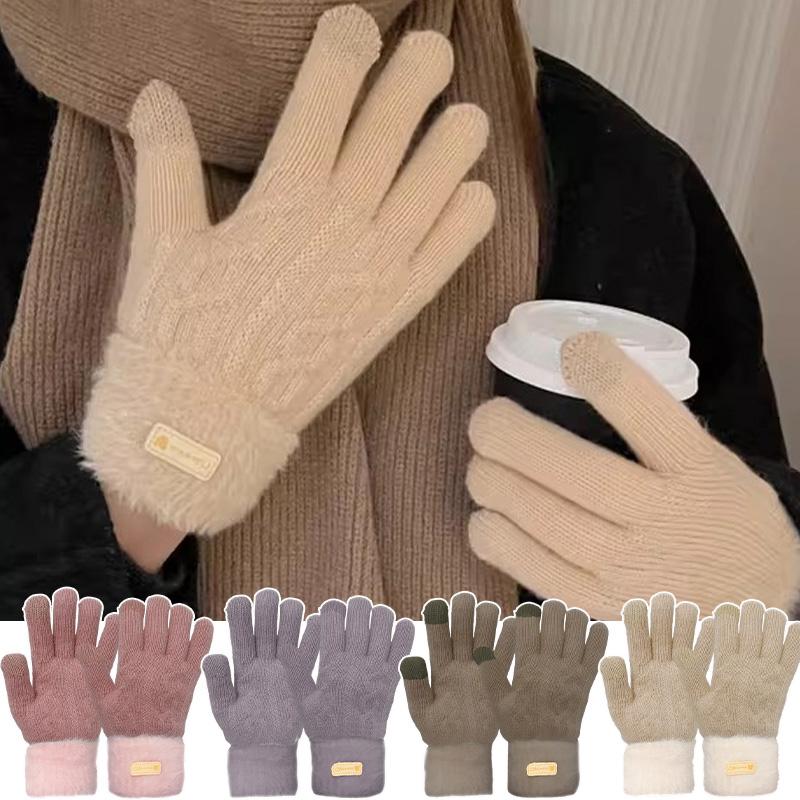 New Winter Knitted Plush Double-layer Gloves for Women Men Solid Color Touchscreen Driving Gloves Outdoor Warm Cycling Mittens