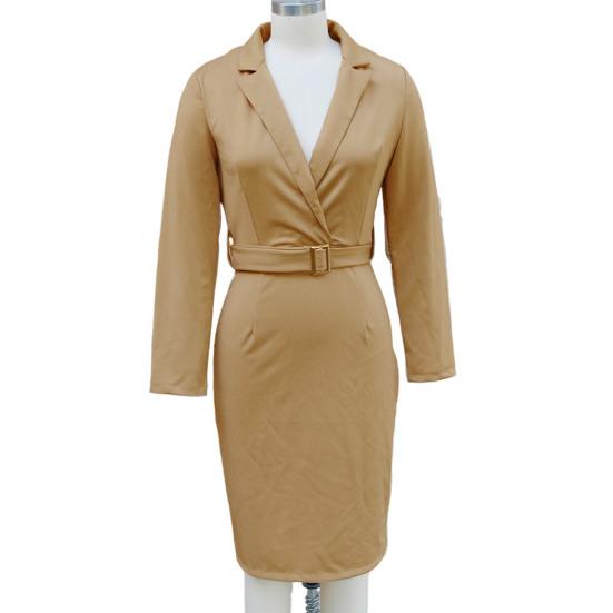 Women's Work Dress Long Sleeve Deep V Neck Bodycon Sheath Suit Dress Church Teacher Business Office Outfit with Square Buckle