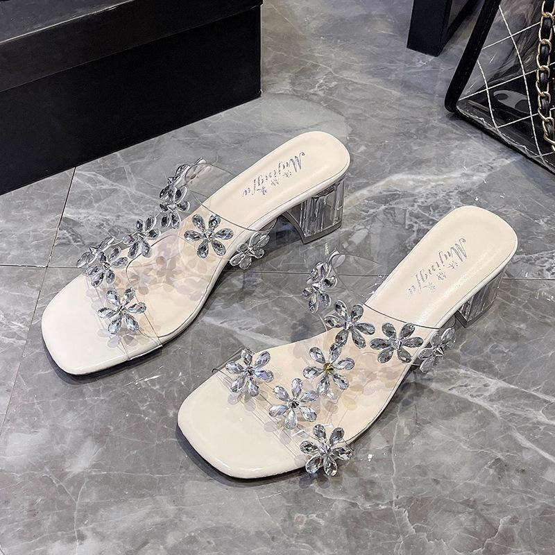 Rhinestone flower high heels 2025 summer skin tone thick heel crystal shoes Internet celebrity one font transparent high heel slippers women