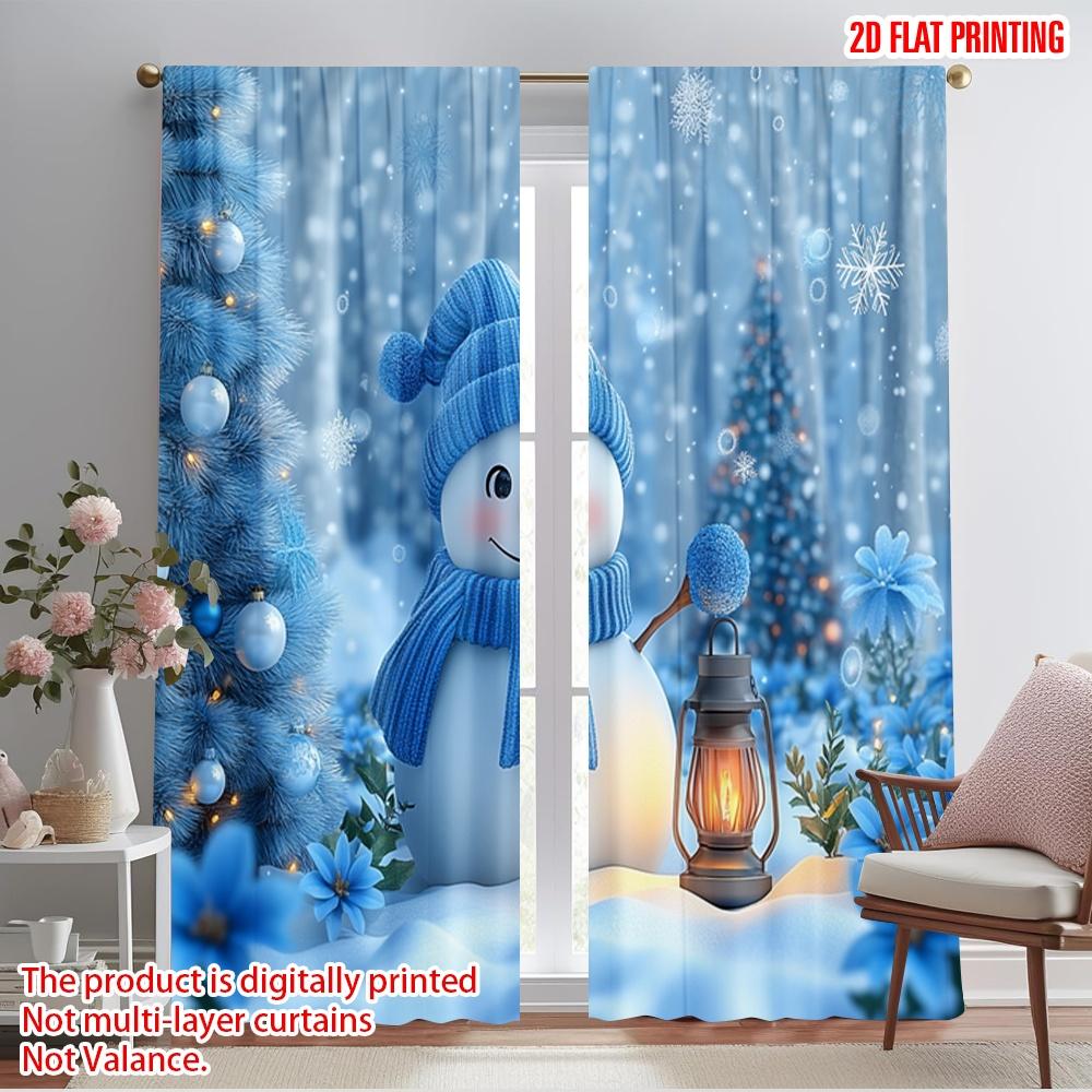 2pcs,2D plane printing Curtain Popular Cute Snowman Blue Christmas Trees Versatile Polyester Fabric (without rod) Festive 60×150cm