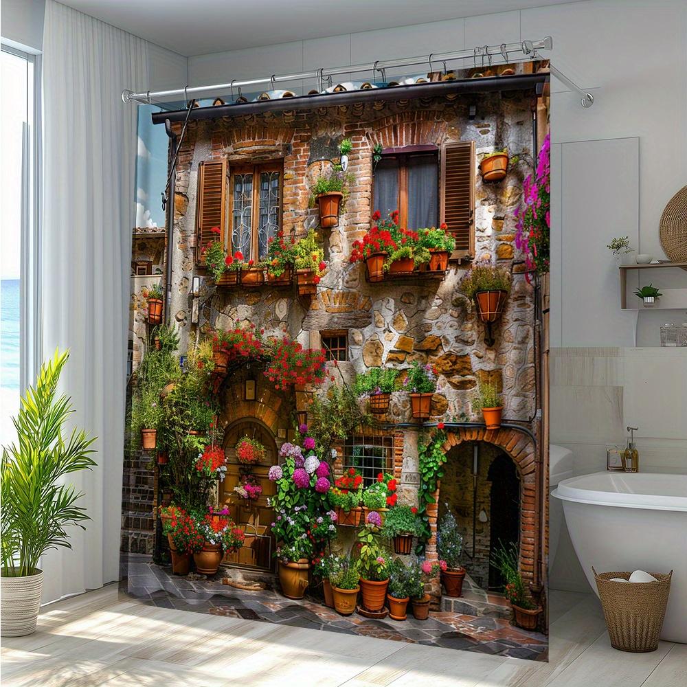 Charming Italian Village Scene with Flowers Waterproof Shower Curtain for Modern Bathroom Decor, Stylish, Perfect for Home Use