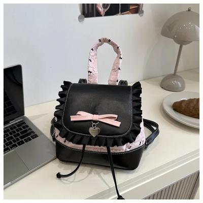 Exquisite Fashionable Women's Ballet Style Backpack Korean INS Trendy Bow Polka Dot Lace Trim Small Bucket Bag for Daily Travel
