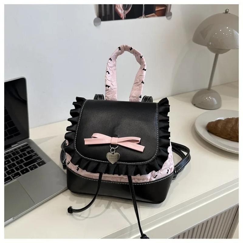Exquisite Fashionable Women's Ballet Style Backpack Korean INS Trendy Bow Polka Dot Lace Trim Small Bucket Bag for Daily Travel