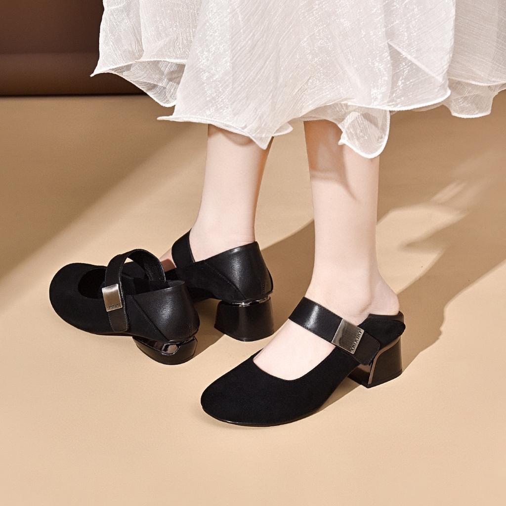 Round head single shoes Mary Jane shoes women's spring new one-word buckle shallow mouth small single shoes two heights
