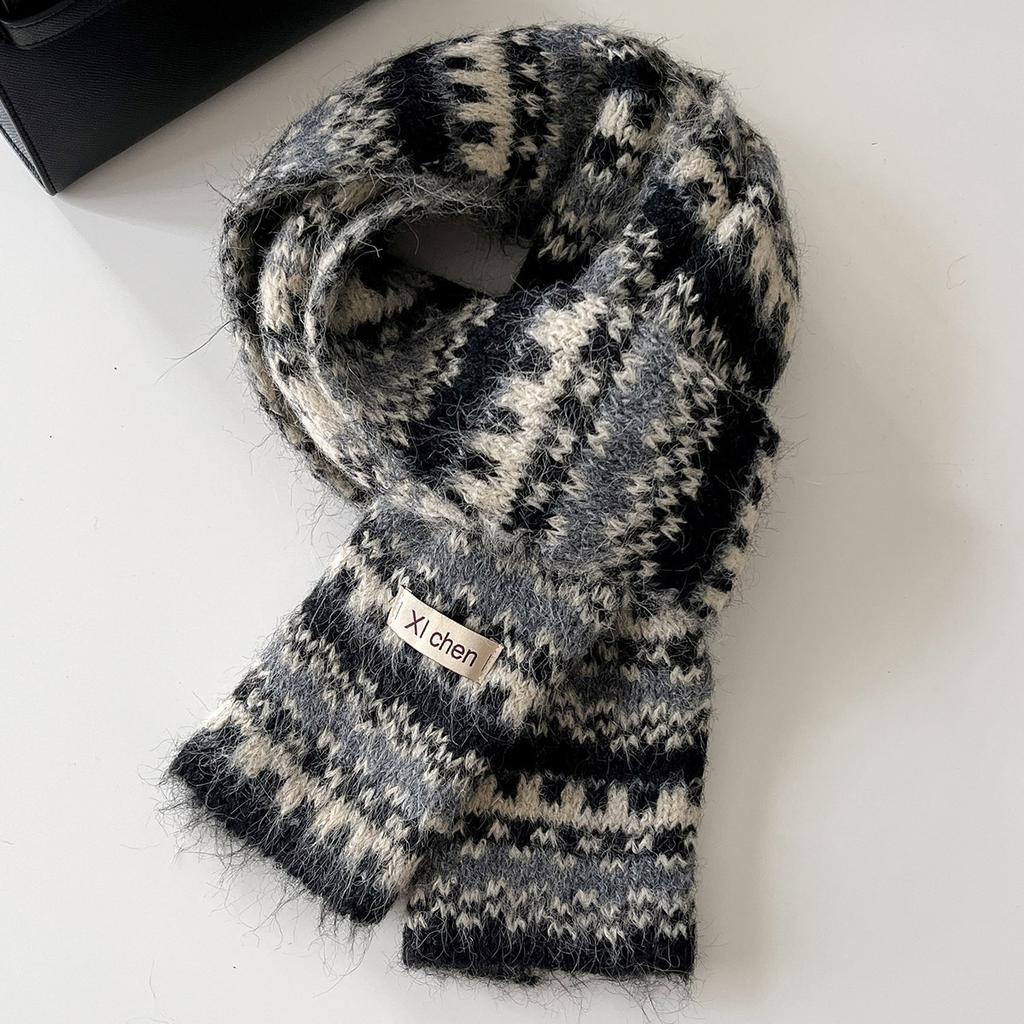 New Autumn Winter Fair Isle Scarf for Women Retro Color Block Wool Blend Thick Warm Korean Atmosphere Neck Wrap