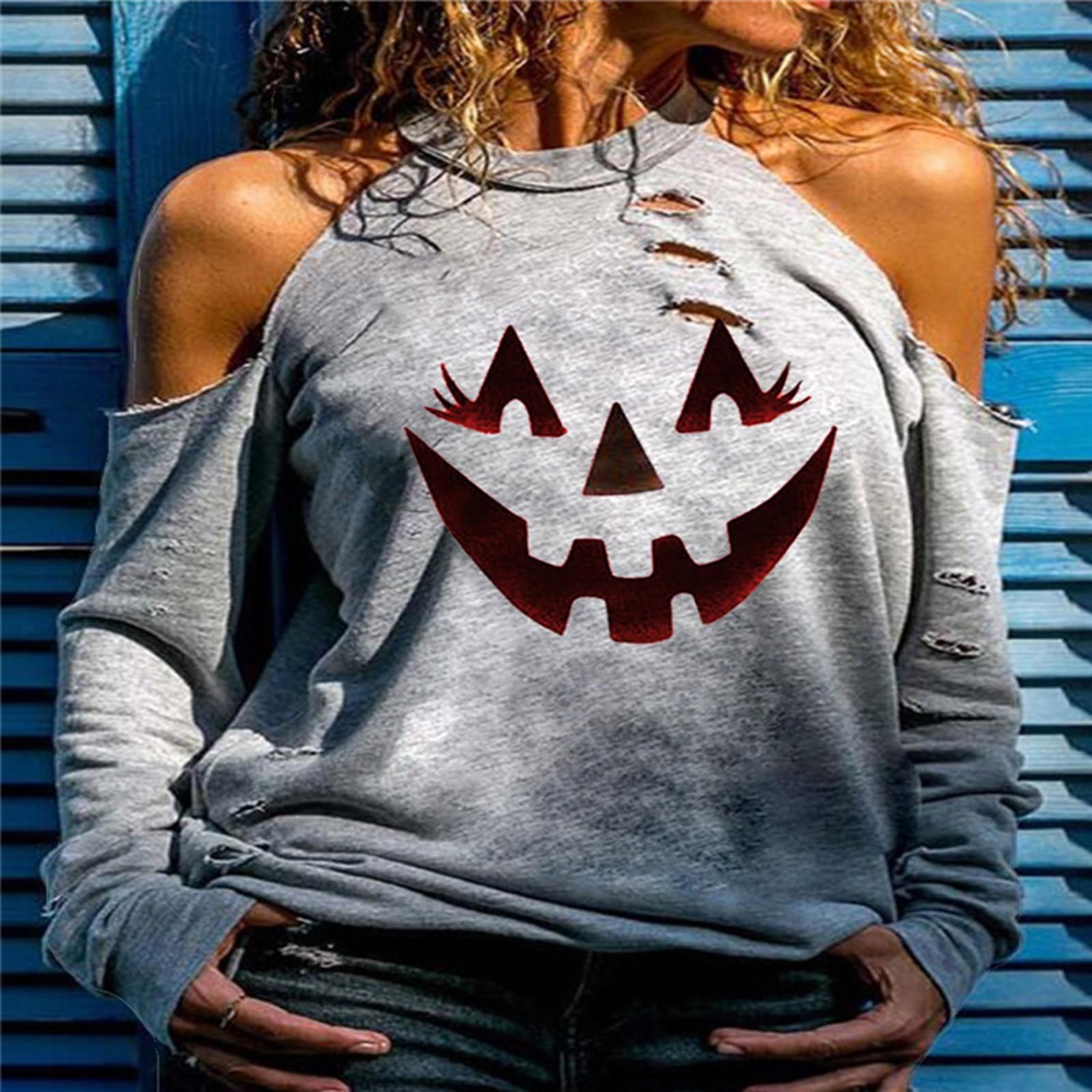 Women s Color Off-the-shoulder Broken Hole Casual Printed Long-sleeved XL